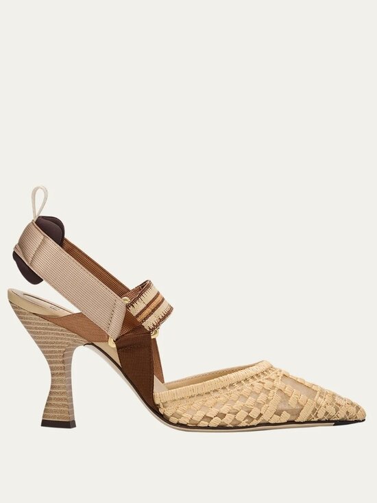 Fendi Shoes - FENDI Colibri 85 Mesh Raffia Sporty FF Logo Slingback Heels Pumps Sandals
